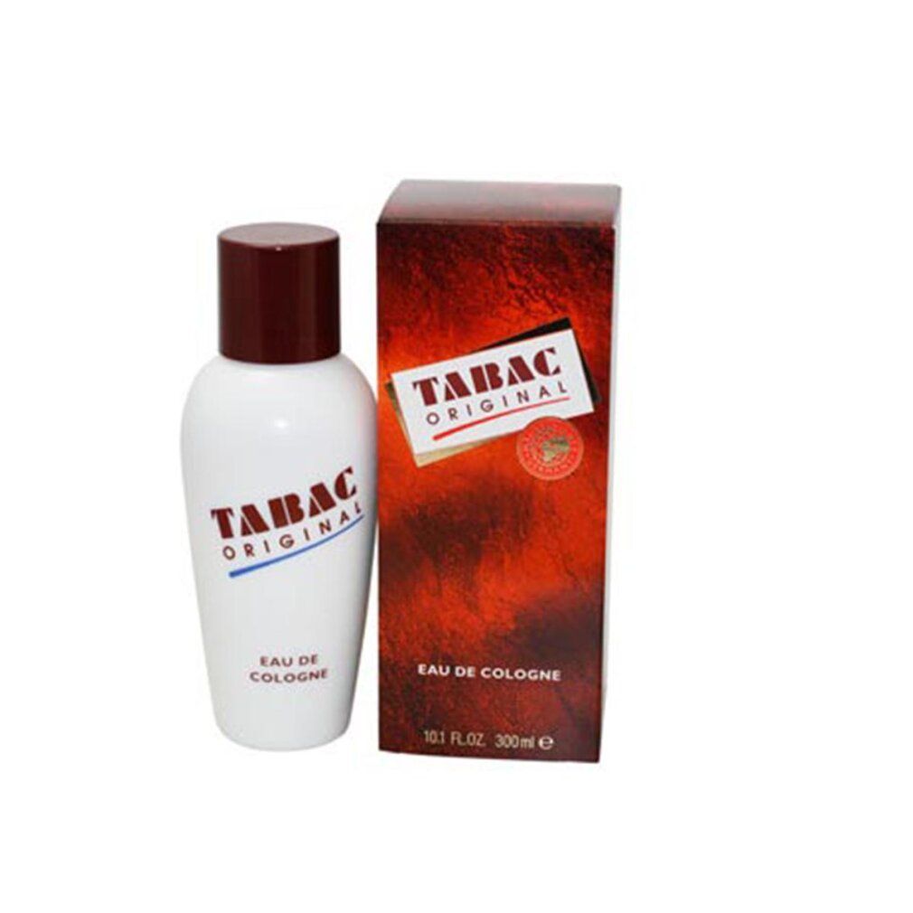 Weiße Flasche mit braunem Deckel und roter Verpackung. Aufschrift "TABAC ORIGINAL Eau de Cologne".