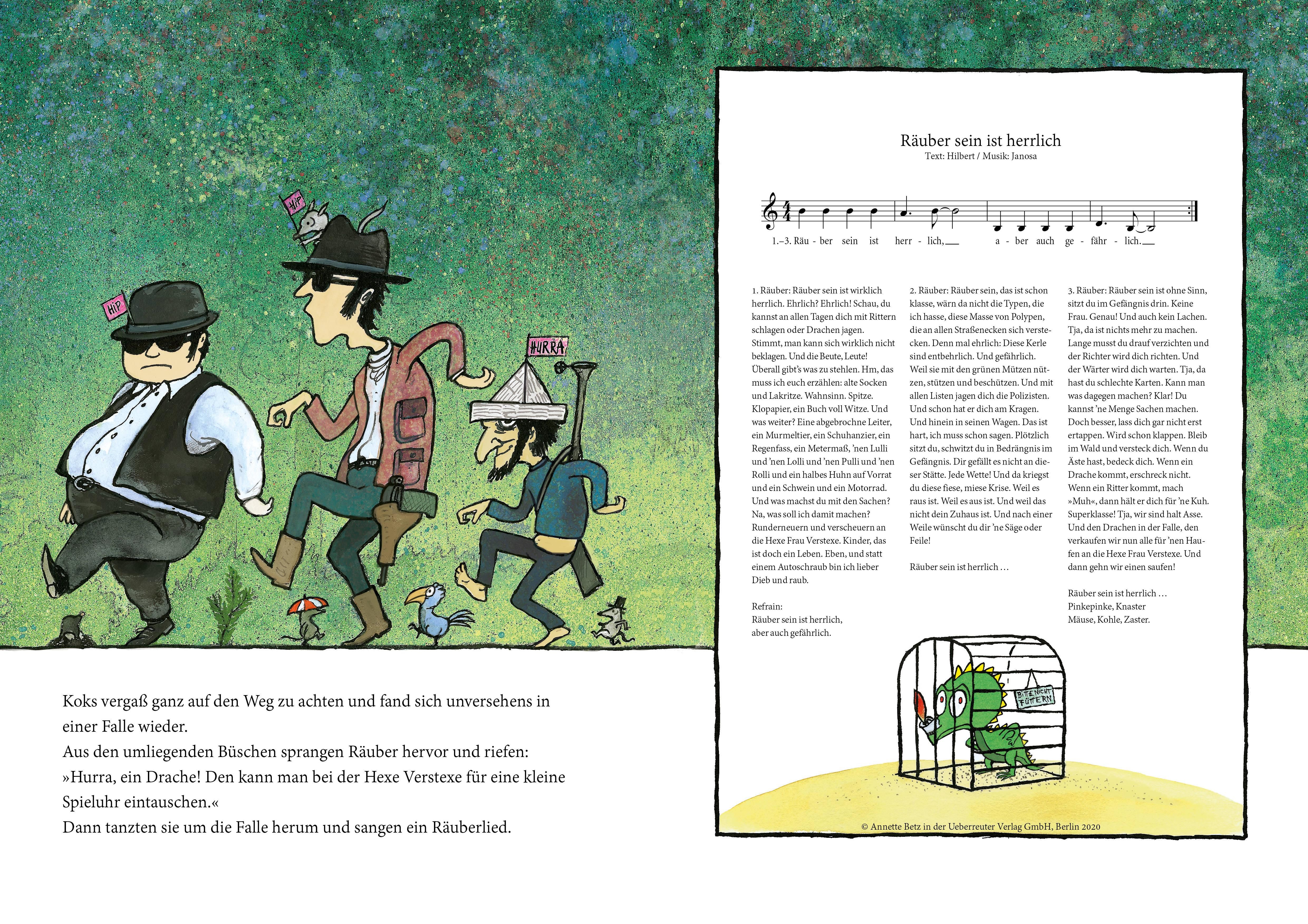 Doppelseite aus einem Buch. Links: Illustration von drei Männern. Rechts: Notenblatt und Illustration eines Drachen im Käfig.