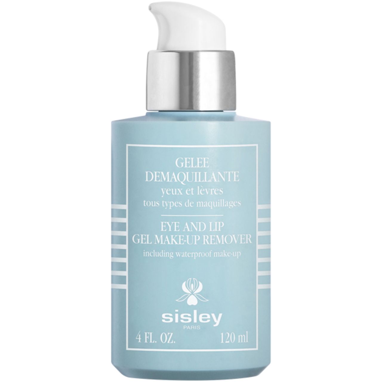 Hellblaues Sisley-Produkt mit silbernem Pumpkopf. Aufschrift: Gelee Demaquillante Yeux et Levres. 120 ml.