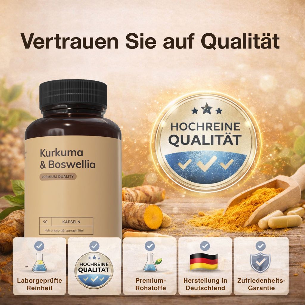 Braune Flasche mit Kapseln. Aufschrift: Kurkuma & Boswellia. Siegel: Hochreine Qualität. Weitere Siegel und die deutsche Flagge.