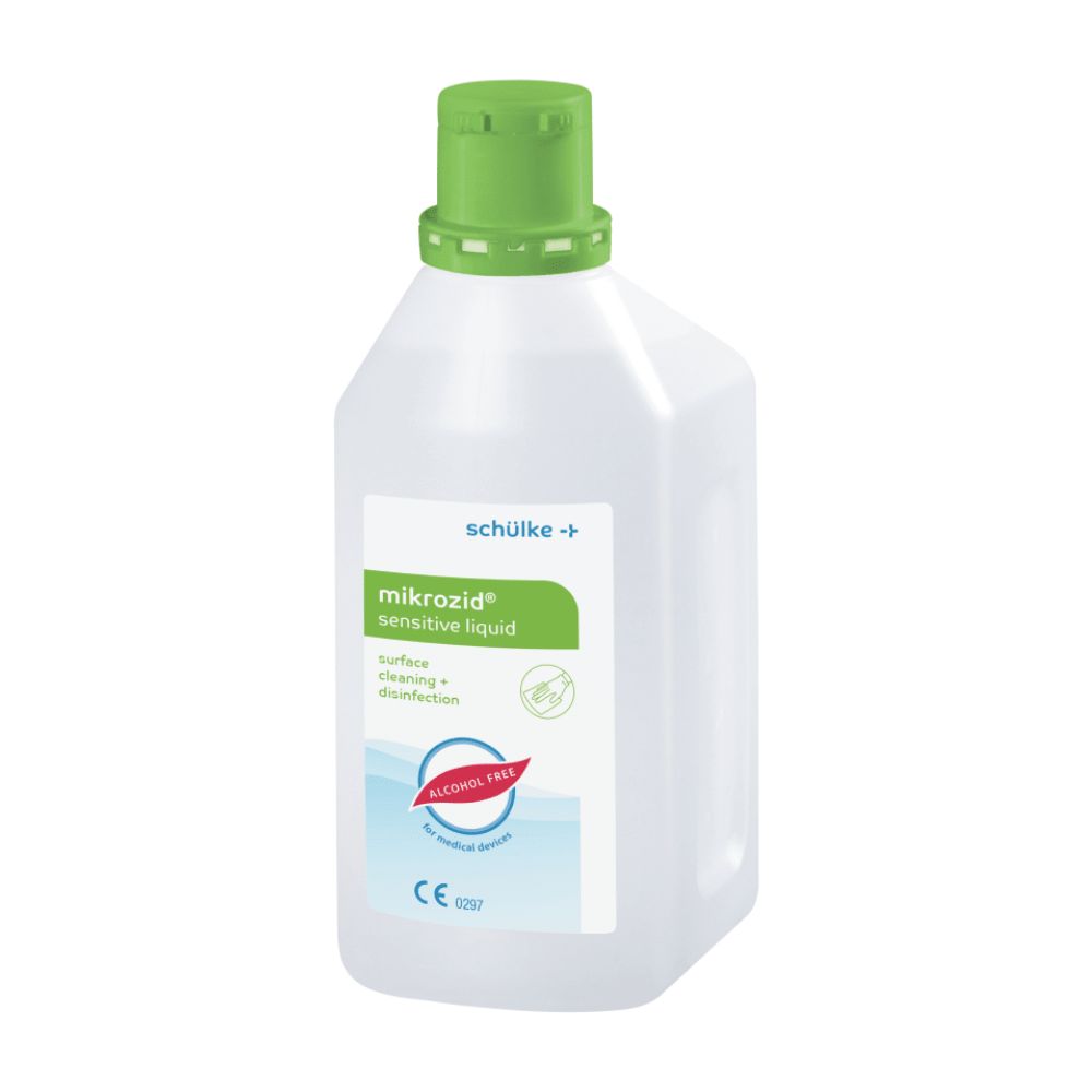 Weiße Flasche mit grünem Deckel. Aufschrift: mikrozid sensitive liquid, alcohol free. CE-Kennzeichnung.