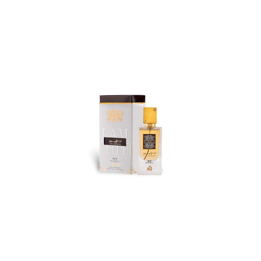 Goldfarbener Flakon mit weißer Verpackung. Aufschrift Ana Abyedh Leather. Goldfarbener Verschluss. Marke Lattafa.