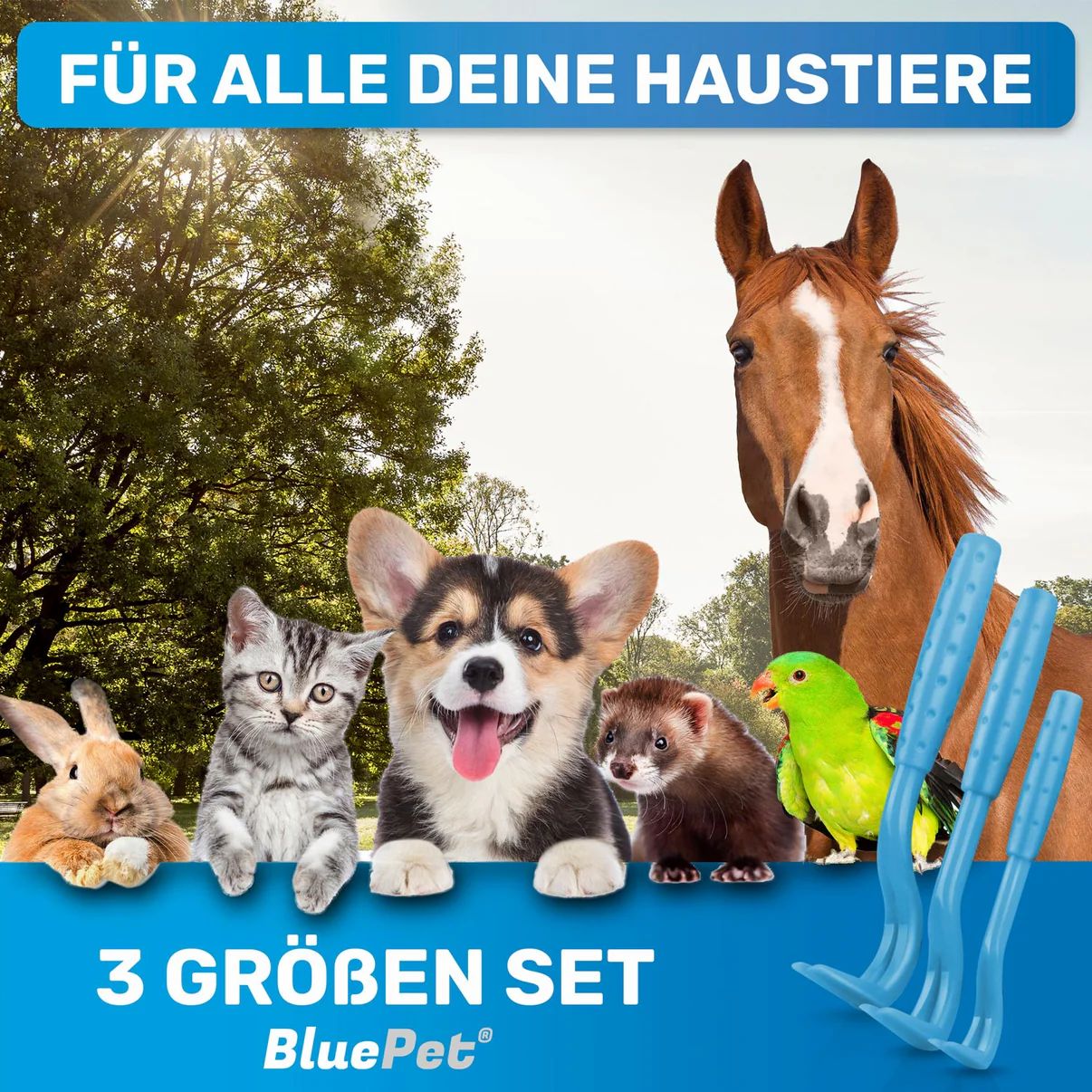 Verschiedene Haustiere mit blauen Zeckenhaken. Tiere: Kaninchen, Katze, Hund, Frettchen, Papagei und Pferd. Text: '3 GRÖßEN SET' und 'BluePet'.