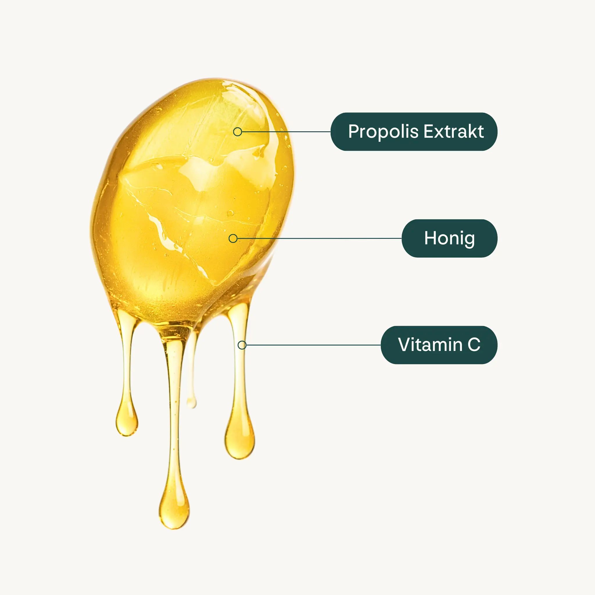 Nahaufnahme von Propolis Extrakt, Honig und Vitamin C. Flüssige Tropfen.