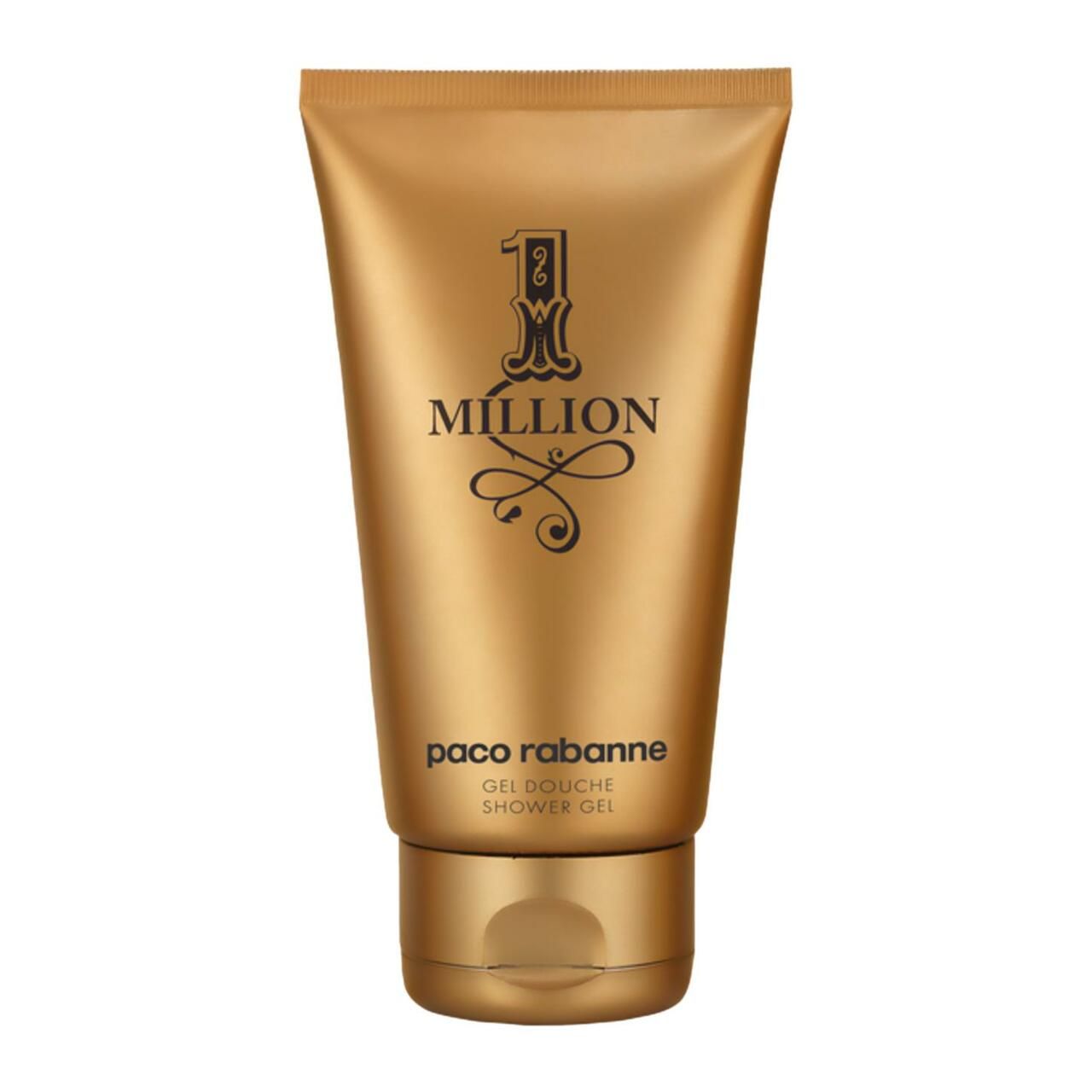 Goldfarbene Tube mit schwarzem "1 Million" Logo und Schriftzug "paco rabanne Gel Douche Shower Gel".