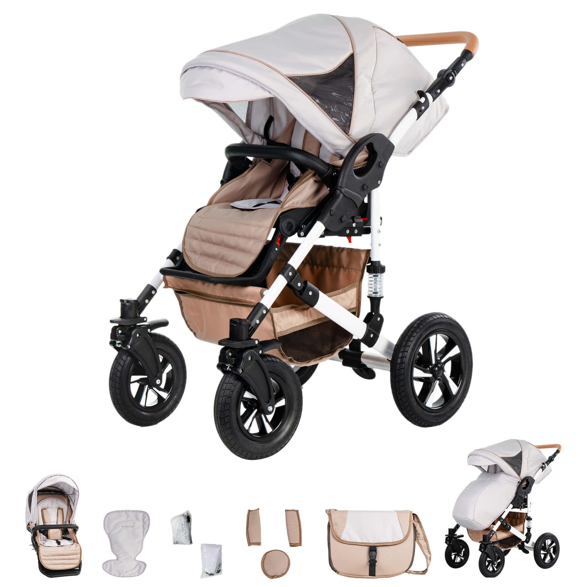 Kinderwagen-Set in Creme und Beige. Enthält Sportsitz, Tragetasche und Zubehör. Weißes Gestell, Hartgummireifen.