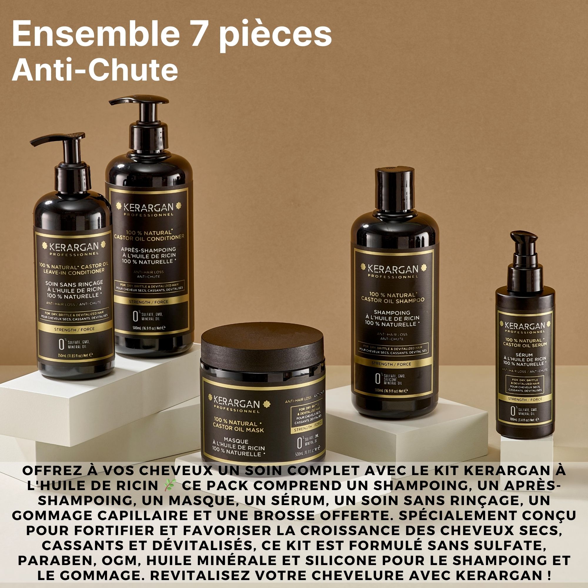 Ensemble de sept produits Kerargan. Bouteilles et pots noirs avec étiquettes. Contient shampooing, après-shampooing, masque, sérum, leave-in.