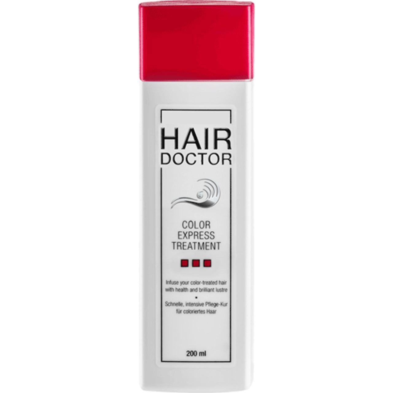 Flasche mit rotem Deckel. Aufschrift: HAIR DOCTOR COLOR EXPRESS TREATMENT. 200 ml.