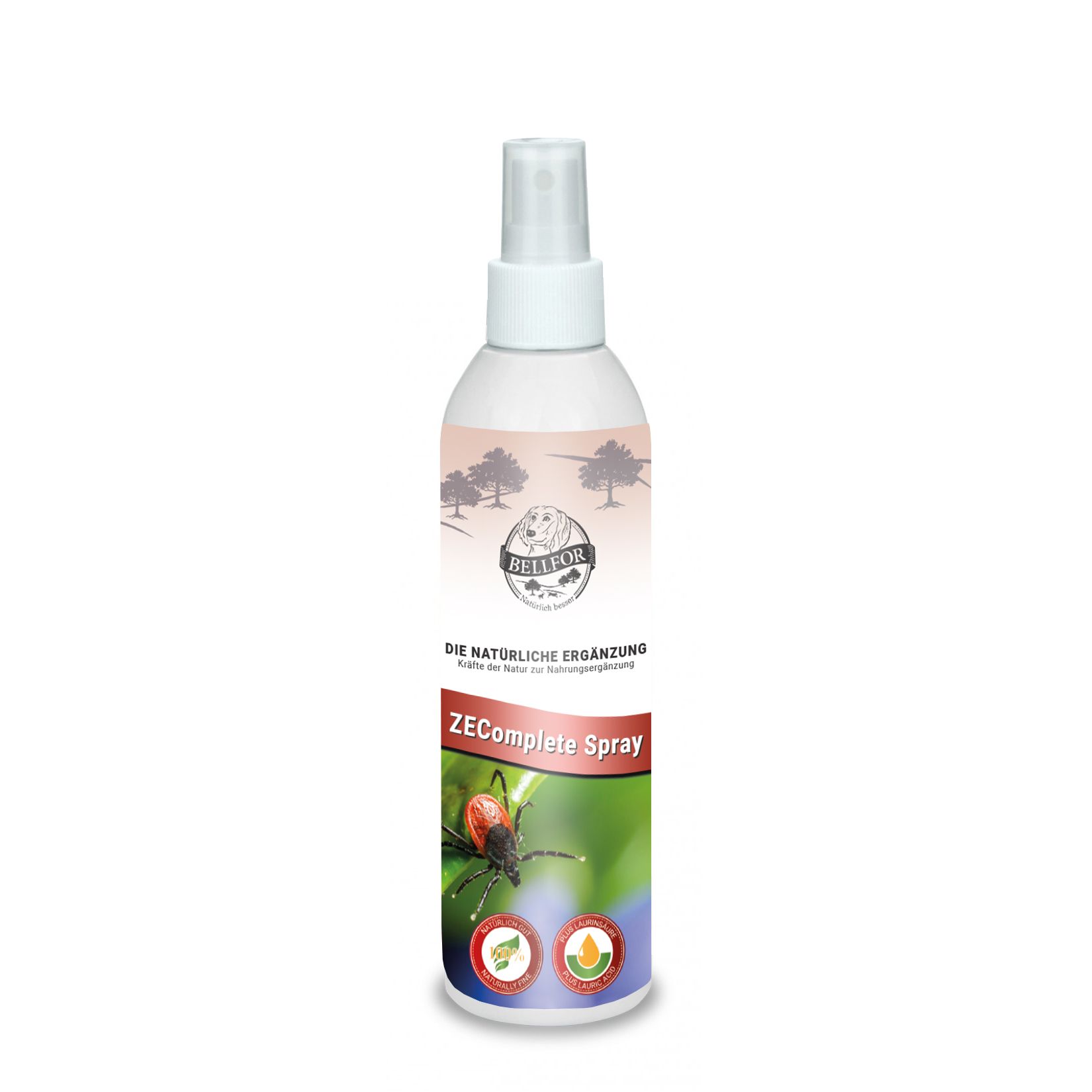 Sprühflasche mit ZEComplete Spray. Aufdruck: ZEComplete Spray, Logo. Abbildung einer Zecke. Flasche mit weißem Hintergrund.