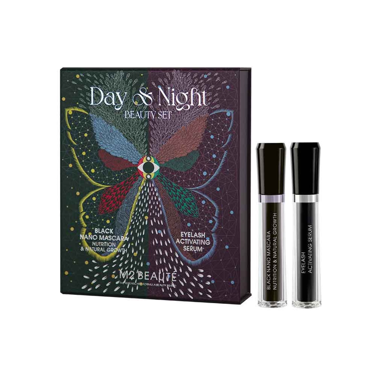 M2 Beauté Day & Night Beauty Set mit Eyelash Activating Serum und Black Nano Mascara.
