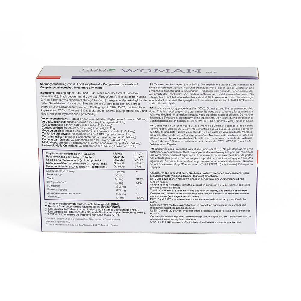 Rückseite der Produktverpackung. Inhaltsstoffe und Informationen. "500 WOMAN".