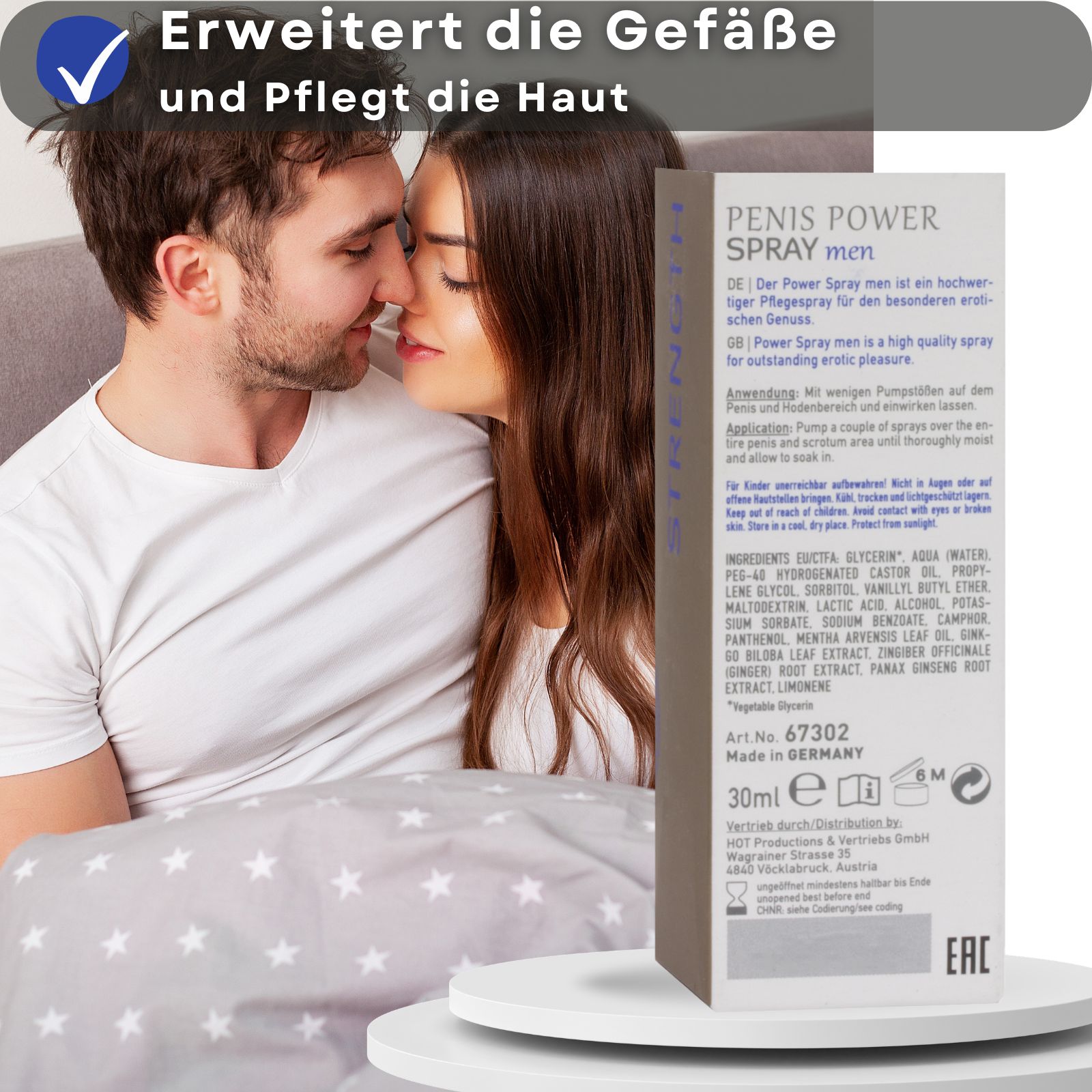 Blaue Schachtel und goldene Sprühflasche. Text: Penis Power Spray. Paar im Bett.