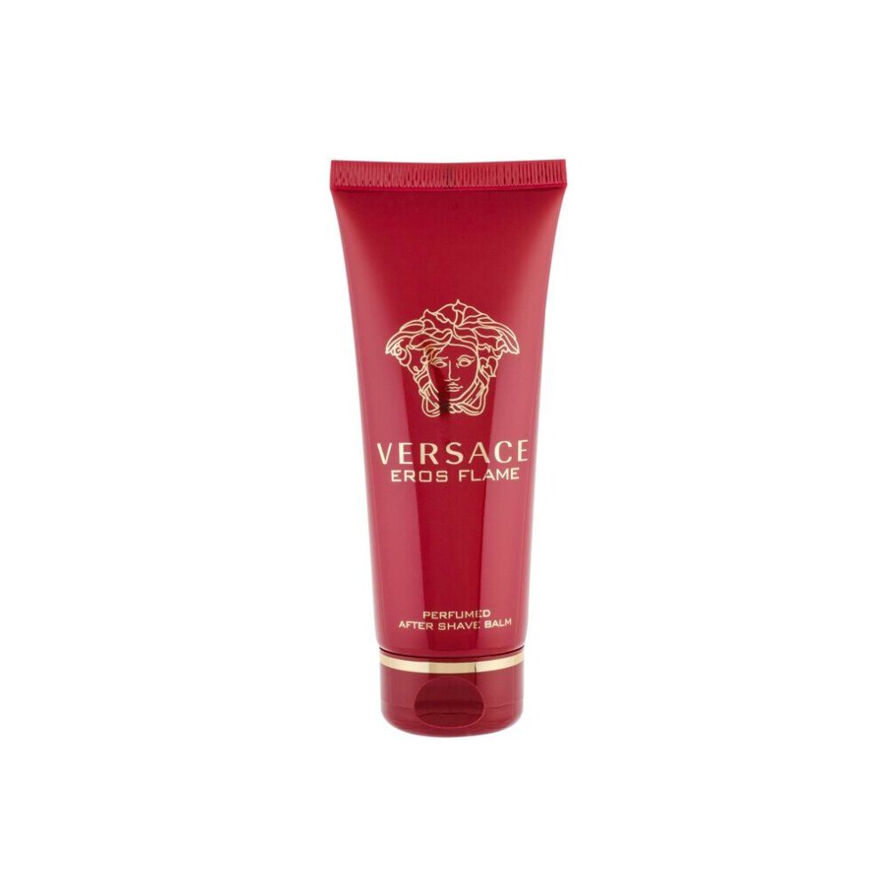 Rote Tube. Aufschrift: Versace Eros Flame, Logo, After Shave Balm. Goldfarbene Details. Runder Verschluss.