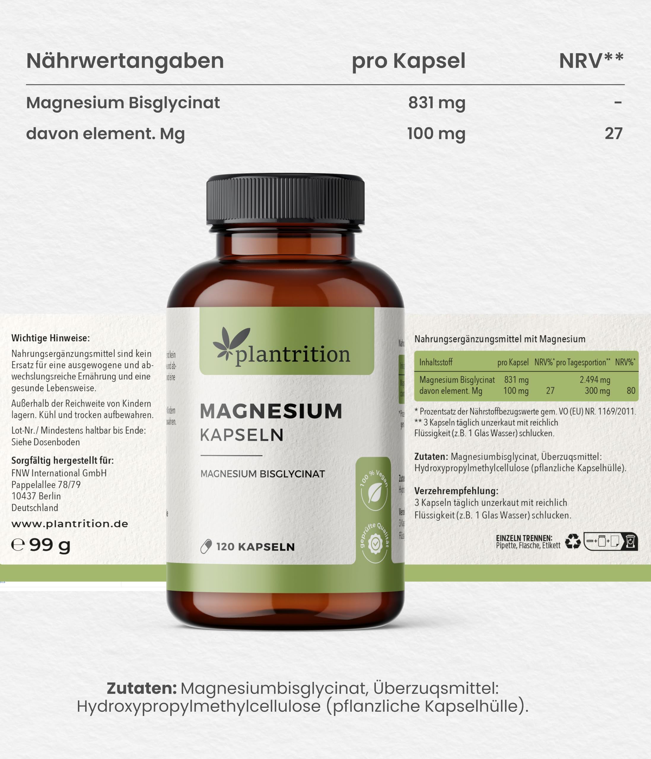 Braune Flasche Magnesium Kapseln. 120 Kapseln. Plantrition. Nährwertangaben pro Kapsel. Inhaltsstoffe.