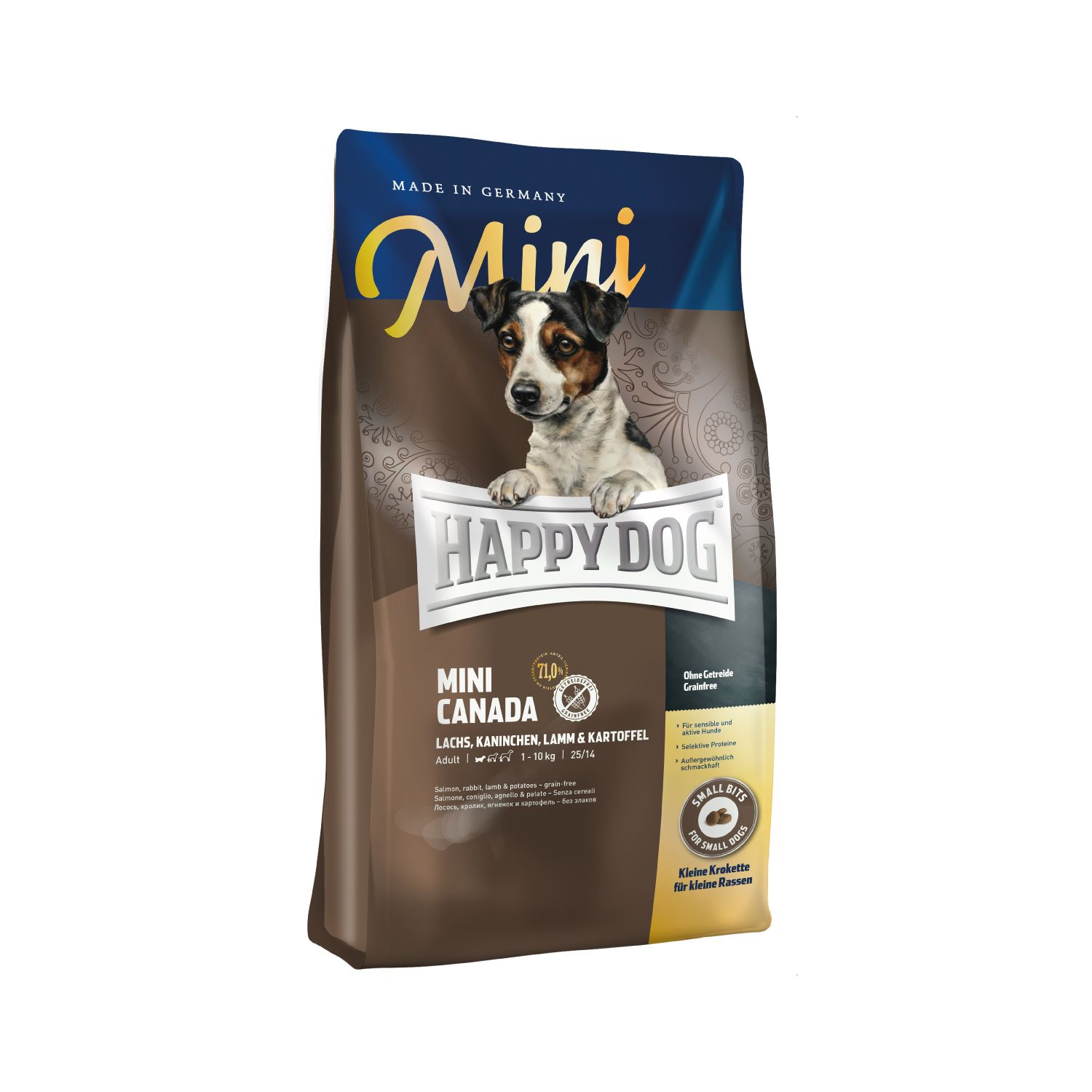 Verpackung von Happy Dog Mini Canada Hundefutter. Braune Tüte mit Logo, Produktname und einem Hund. Enthält Lachs, Kaninchen, Lamm & Kartoffel.