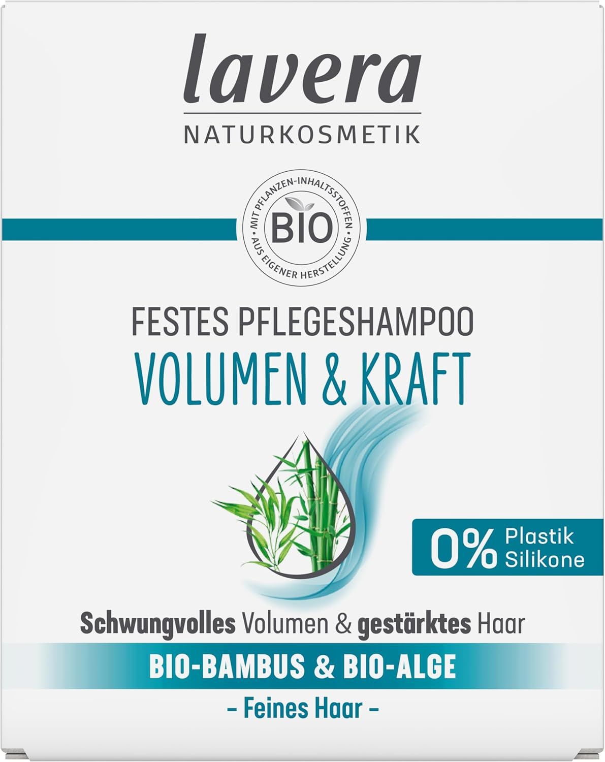 Verpackung von lavera Festes Pflegeshampoo Volumen & Kraft. Weiß, mit Logo, Produktname und Bio-Siegel. Text: 0% Plastik, Silikone.