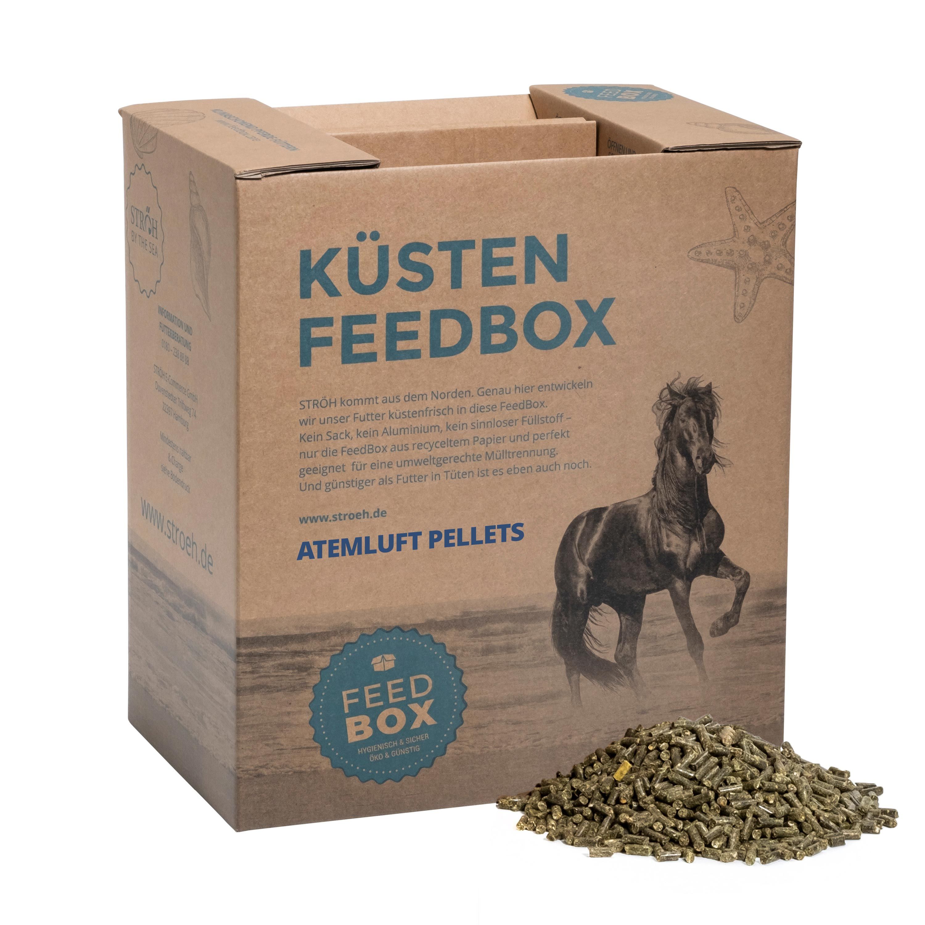 Karton "Küsten Feedbox" mit Pellets. Aufdruck: Pferd, Text. Pellets daneben. Brauner Karton, blaue Schrift.