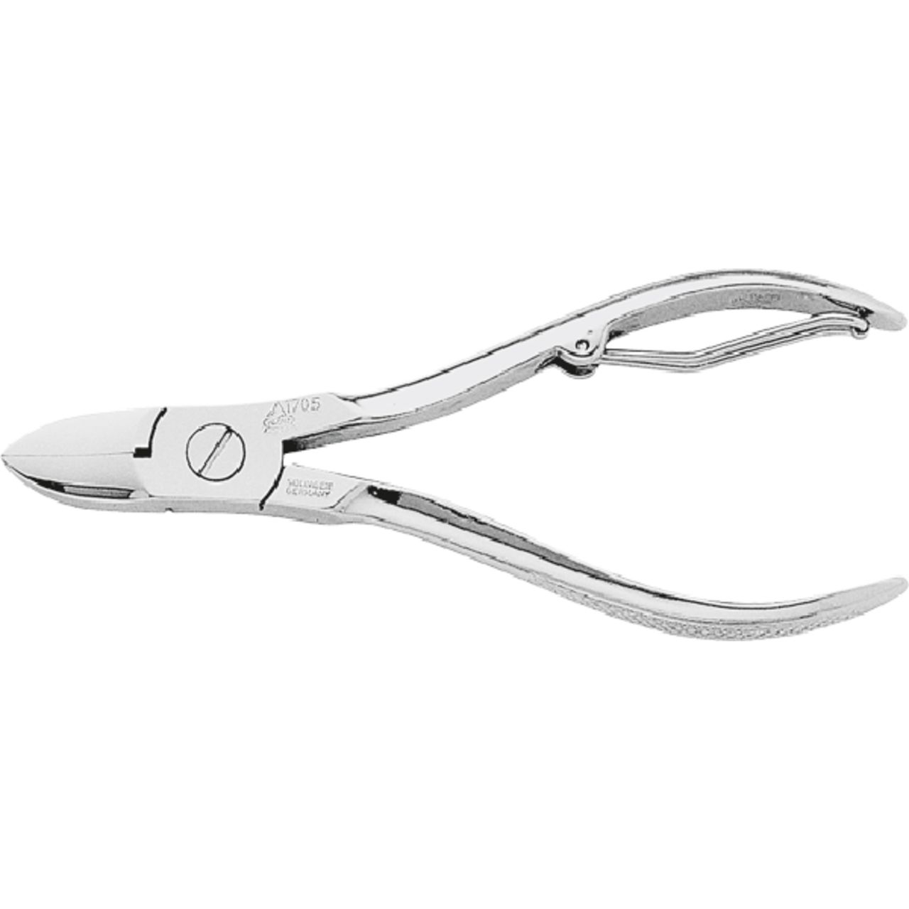 Nagelzange aus Metall. Silberfarben, mit gebogenen Griffen und Schneide. Gelenk mit Schraube. Aufschrift.