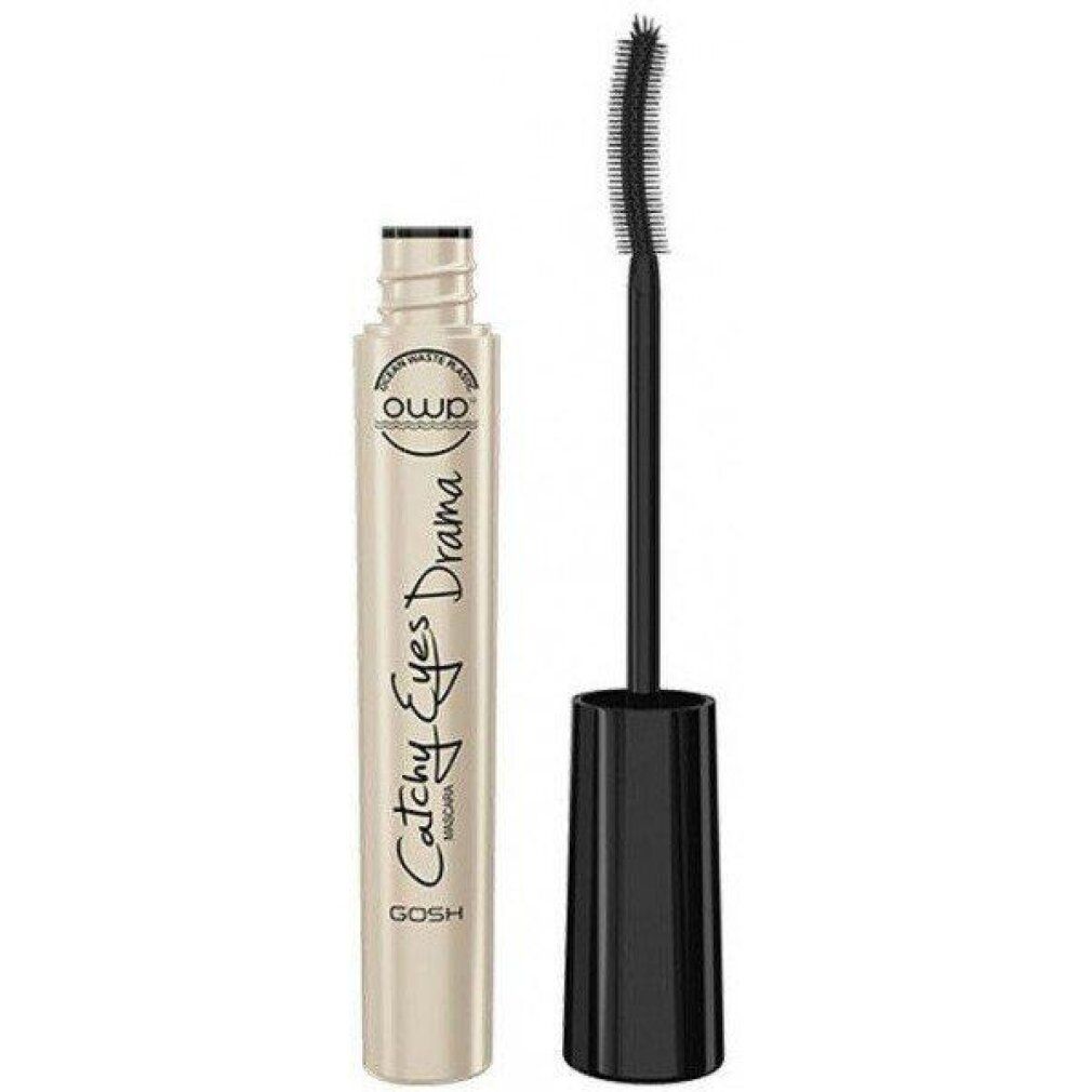 Gosh Catchy Eyes Drama Mascara in Basic Black. Fläschchen und Bürste nebeneinander.