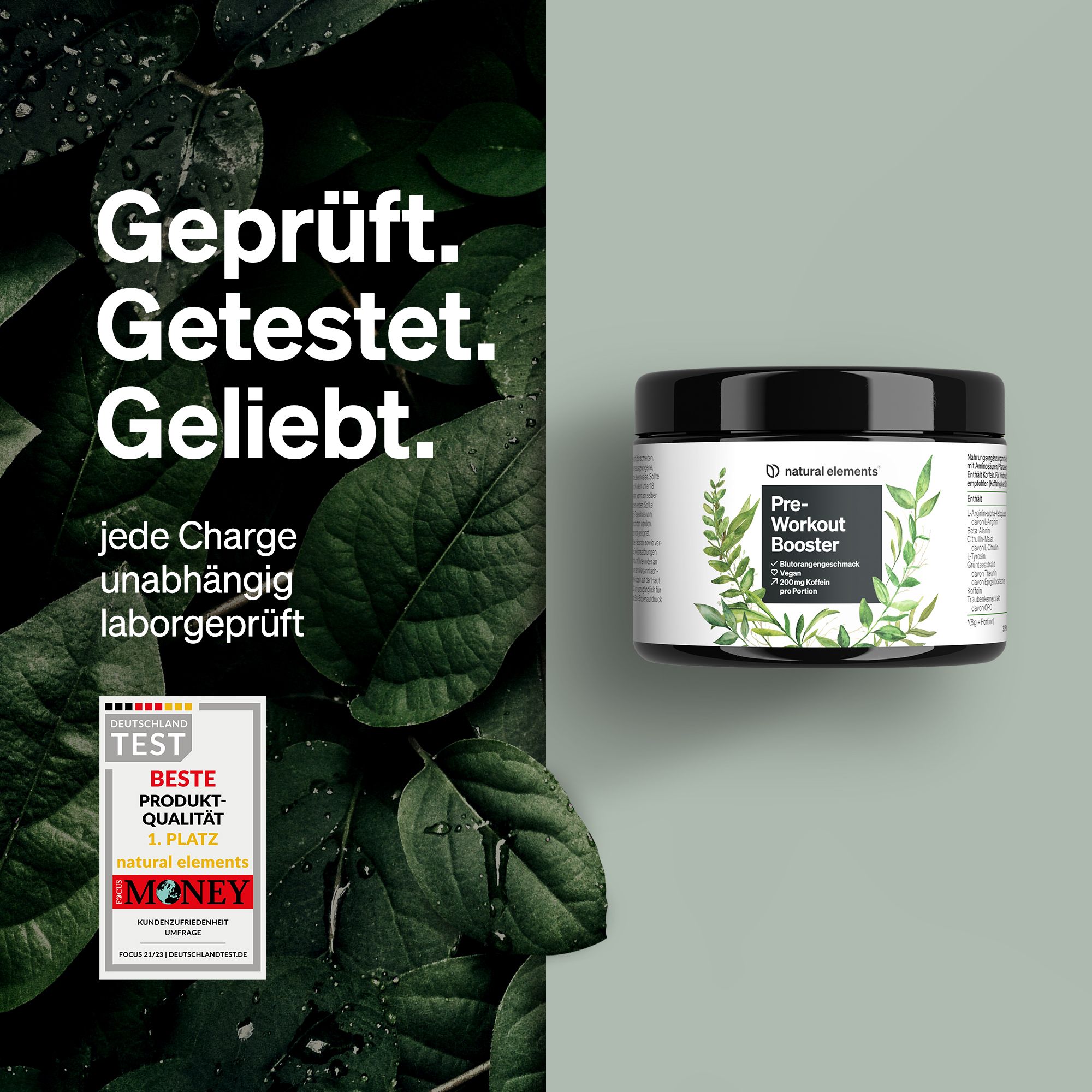 Glas mit Etikett. Text: Geprüft. Getestet. Geliebt. Mit Test-Siegel. Aufschrift: Pre-Workout Booster.