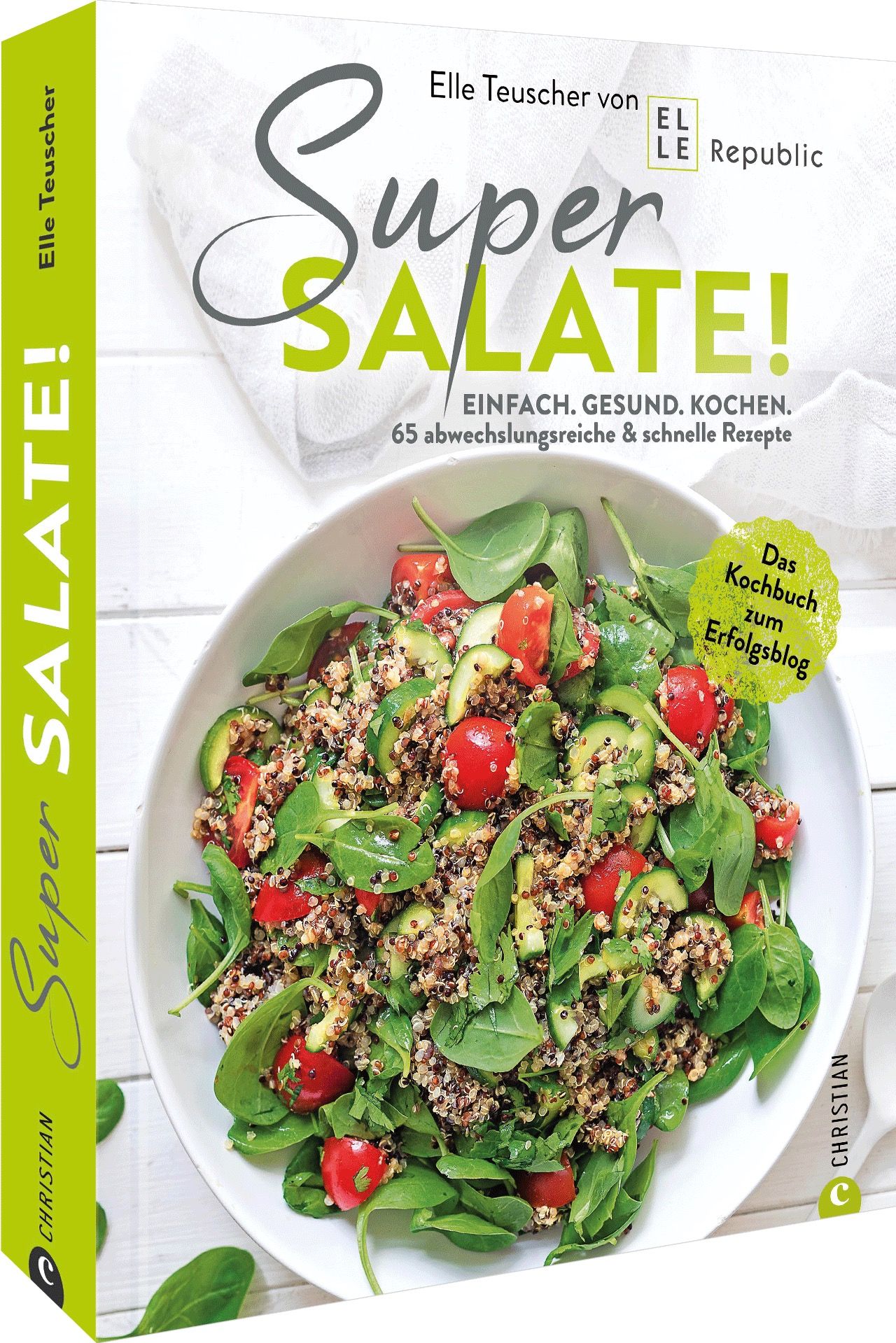 Buchcover von "Super Salate!". Titel in Grün. Enthält 65 Rezepte. Autorin: Elle Teuscher. Verlag: Christian.