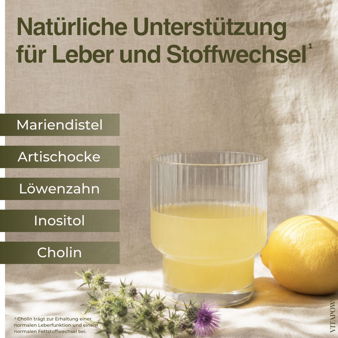 Vitapow Leber Komplex Dose mit Zutatenliste und Siegeln: Vegan, Glutenfrei, Laktosefrei.