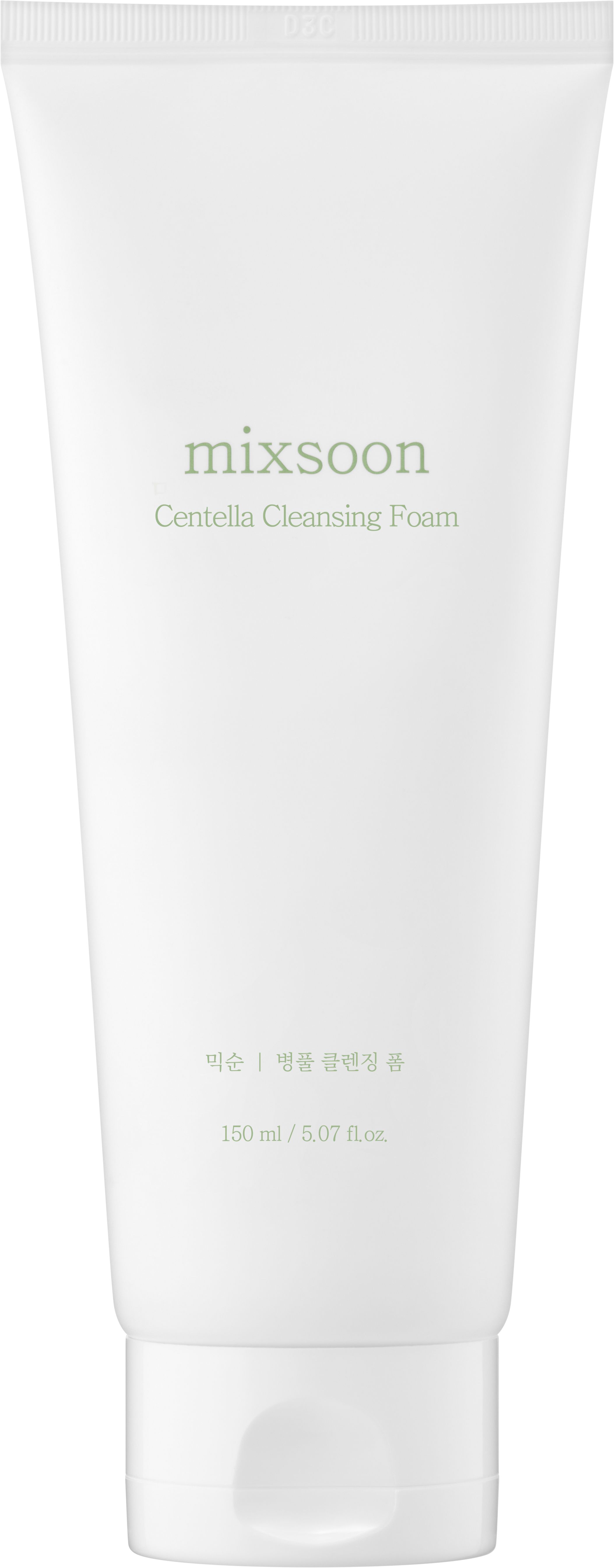 Weiße Tube mit grünem "mixsoon Centella Cleansing Foam"-Schriftzug. Koreanische Schriftzeichen darunter. 150 ml.