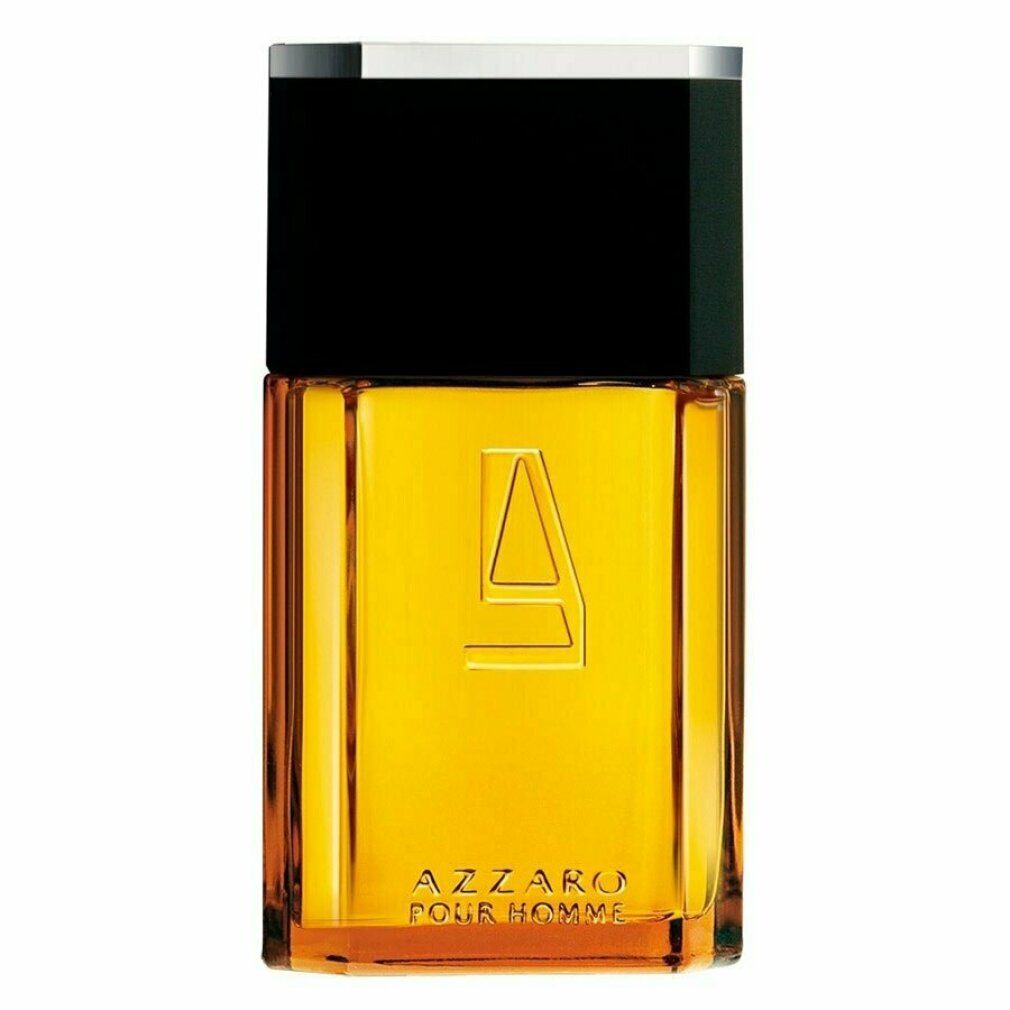 AZZARO POUR HOMME Flakon. Rechteckiger Flakon mit schwarzem Deckel. Logo und Schriftzug AZZARO.