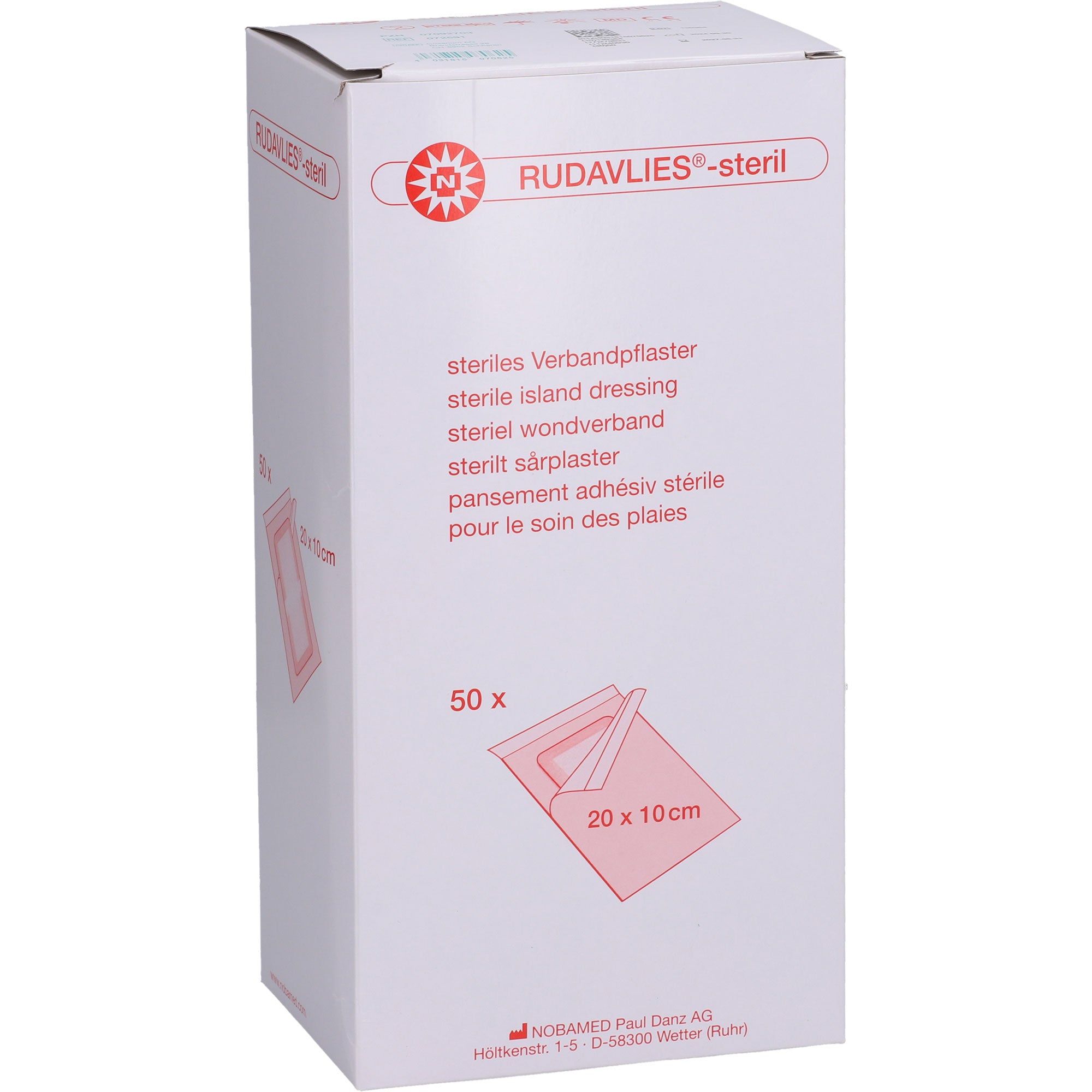 Verpackung von Rudavlies-steril Wundpflastern. Enthält 50 Stück, 20x10cm. Aufdrucke: Logo, Produktname, Beschreibung, Hersteller.
