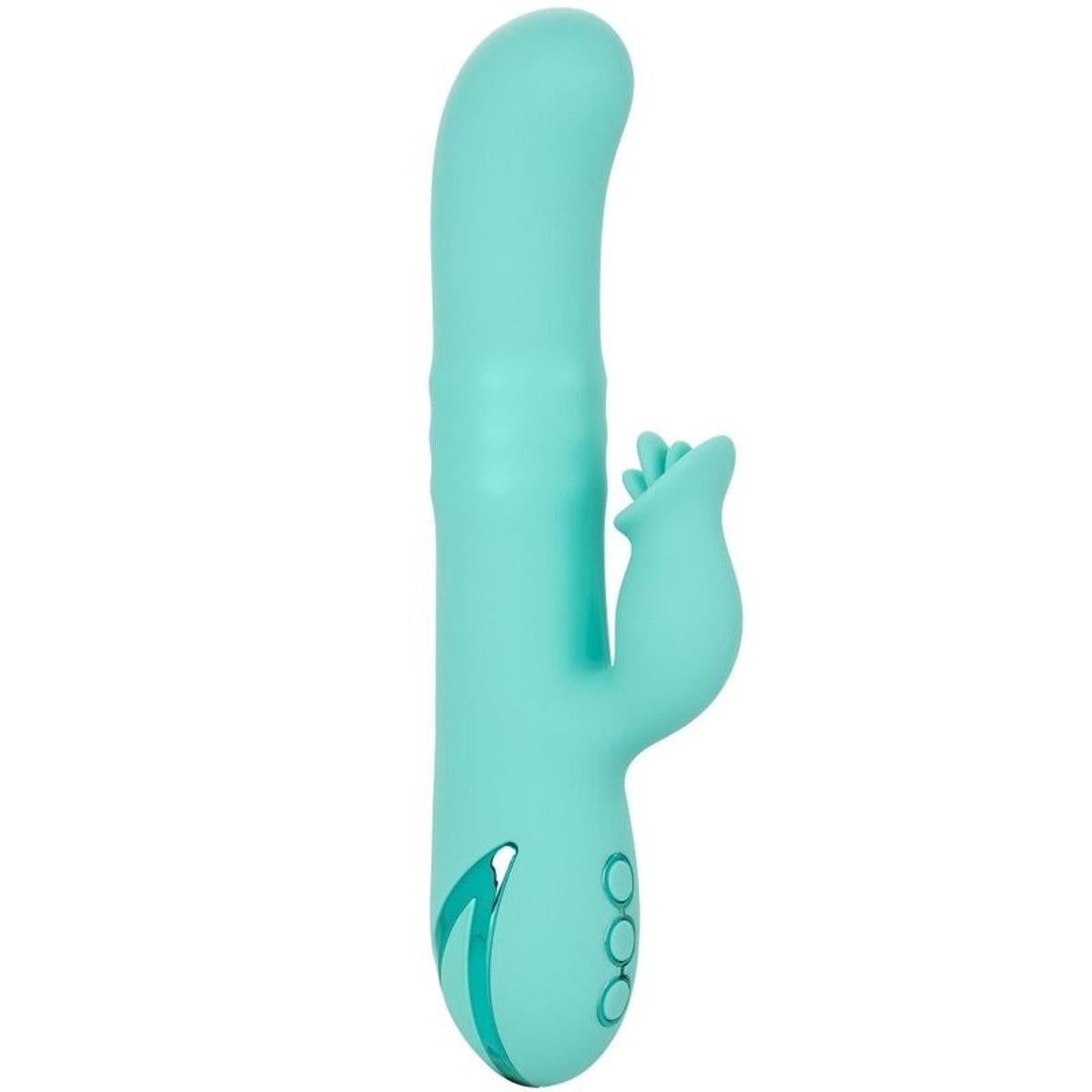 Türkisfarbener Vibrator mit gebogener Form und drei Knöpfen. Hat eine blütenförmige Spitze.