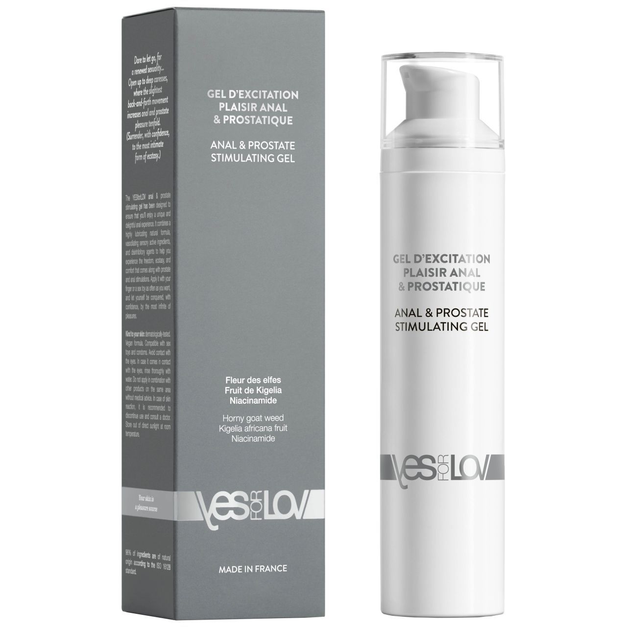 Zylindrische Flasche und Schachtel. Aufschrift: GEL D'EXCITATION, ANAL & PROSTATIQUE, YESforLOV. Made in France.