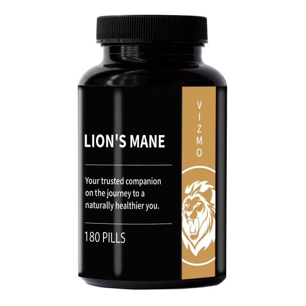 Schwarze Flasche mit "LION'S MANE" und "VIZMO" Aufschrift. Enthält 180 Pillen. Löwenkopf-Logo.