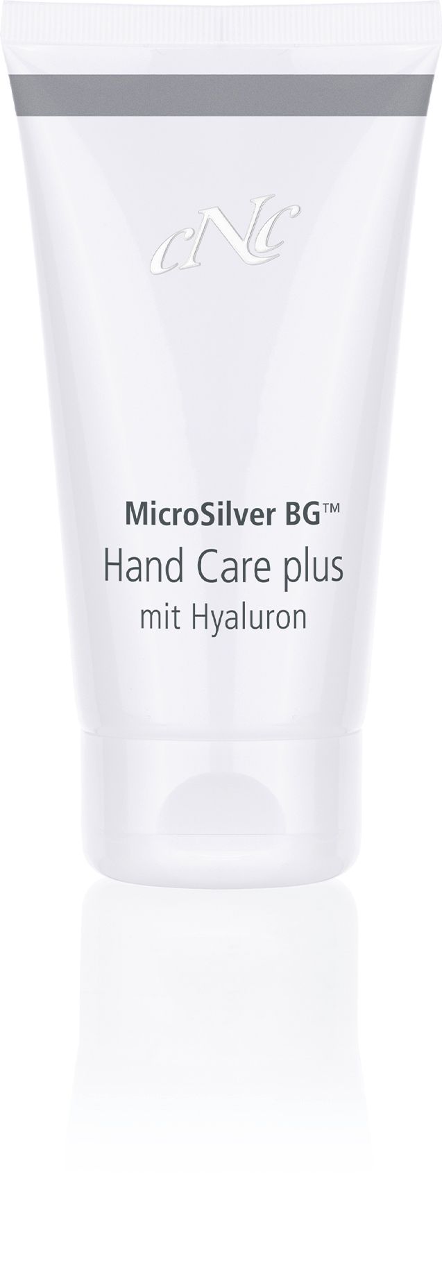 Weiße Tube mit Produktbeschriftung. Oben grauer Streifen. Schriftzug: MicroSilver BG Hand Care plus mit Hyaluron.