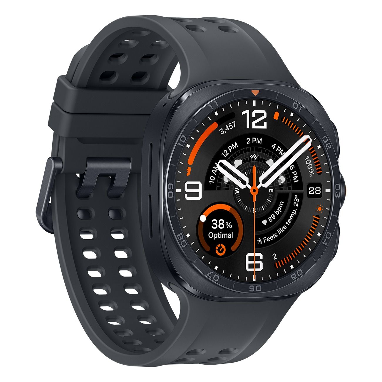 Schwarze Smartwatch mit schwarzem Armband und digitalem Zifferblatt, das Uhrzeit, Datum und Herzfrequenz anzeigt.
