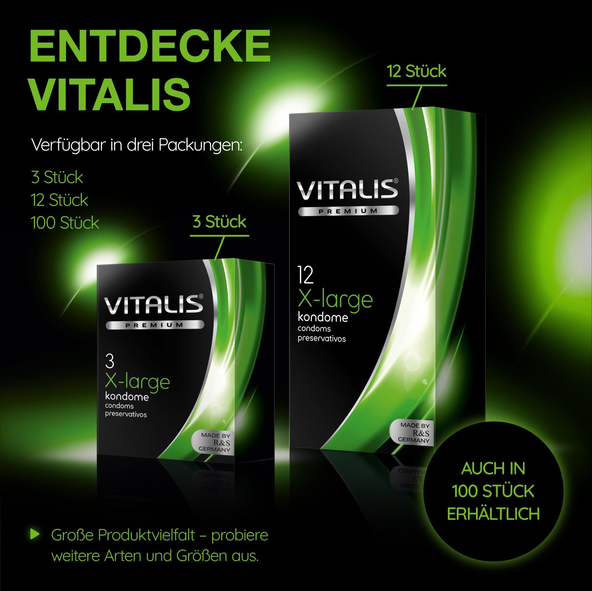 Vitalis Kondome: Erhältlich in Packungen zu 3, 12 und 100 Stück.