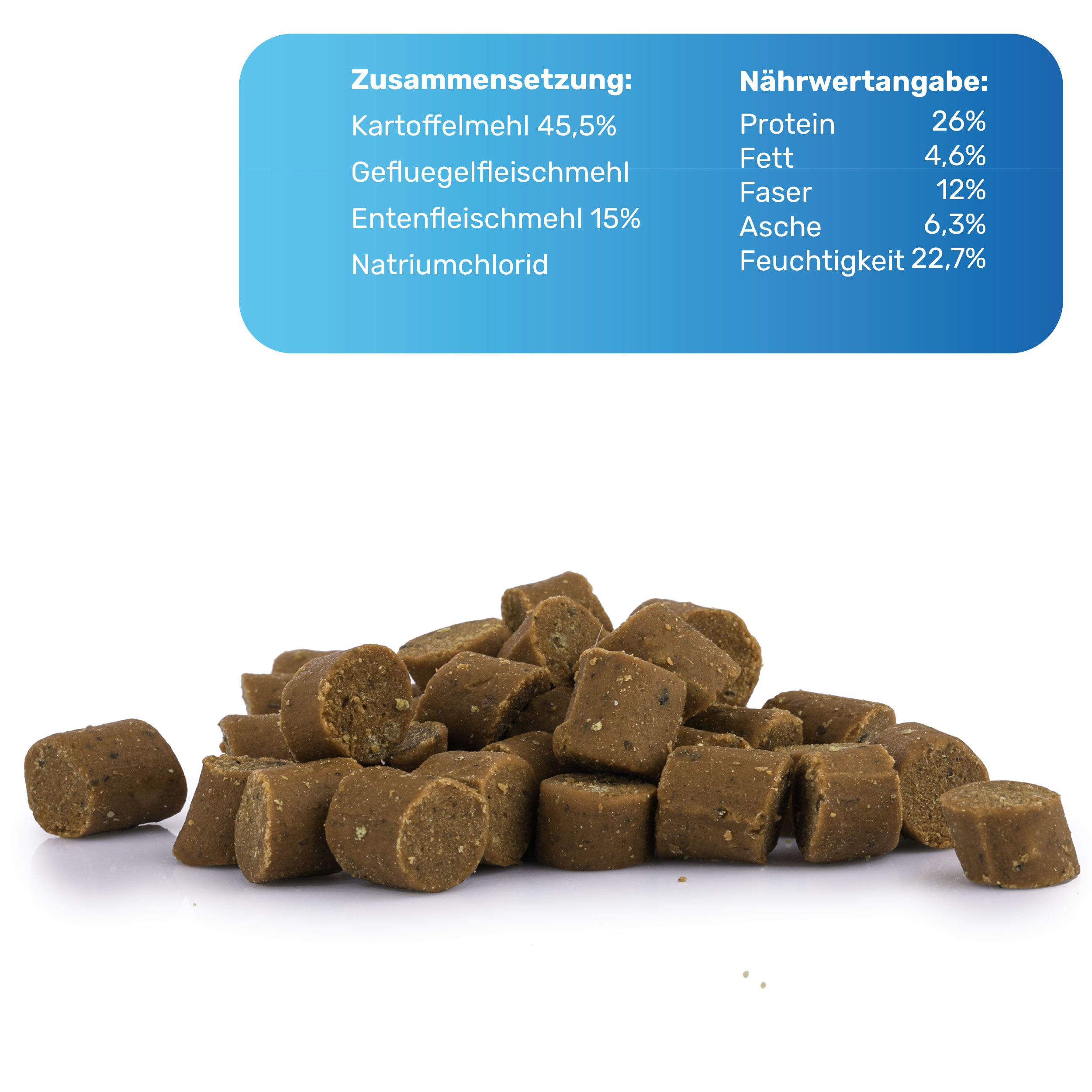 Haufen brauner, zylindrischer Hundesnacks. Text mit Zusammensetzung und Nährwertangaben. Kartoffelmehl, Geflügelfleischmehl, etc.