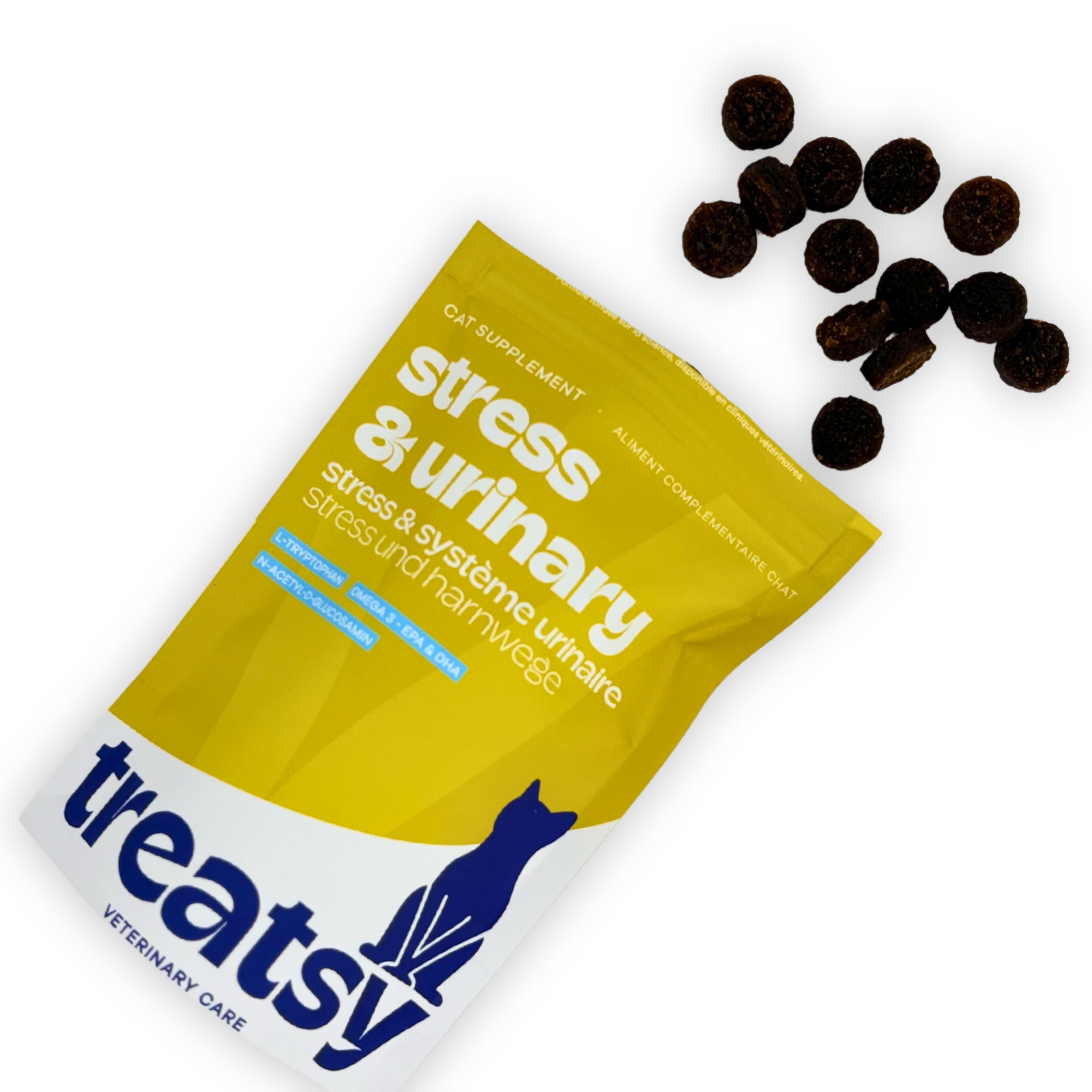 Gelbe Tüte mit braunen Tabletten. Aufschrift: Stress & Urinary. Marke: Treatsy.