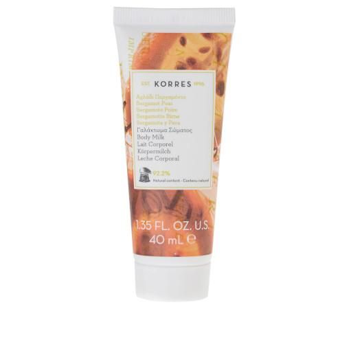 Körpermilch-Tube, weißer Deckel, gelb-orangefarbenes Etikett. Text: KORRES, Bergamotte-Birne, Body Milk, 40 ml.