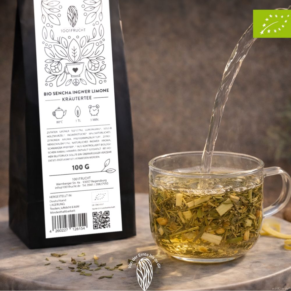 Tee wird aus einer Packung Bio Sencha Ingwer Limone in eine Tasse gegossen.
