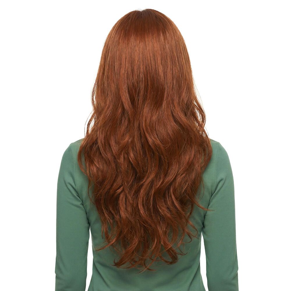 Rote, gewellte Perücke. Rückansicht. Lange, wellige Haare.