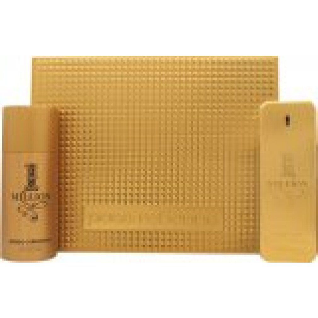 Goldfarbenes Geschenkset mit Deospray, rechteckiger Box und Flakon. Aufschrift "1 Million" und "paco rabanne".