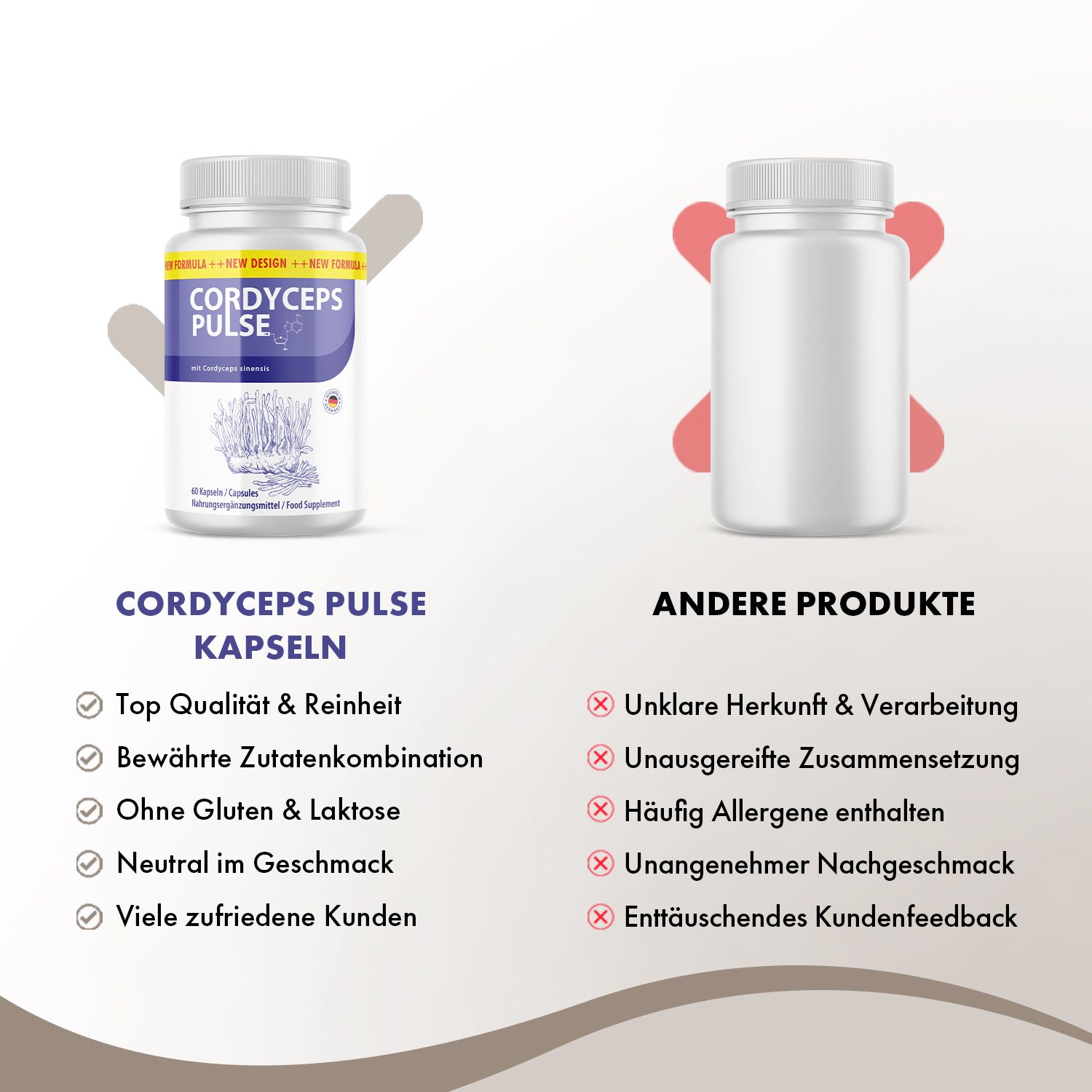 Vergleich von Kapseln mit anderen Produkten. Aufschrift "CORDYCEPS PULSE Kapseln". Vorteile und Nachteile werden aufgelistet.