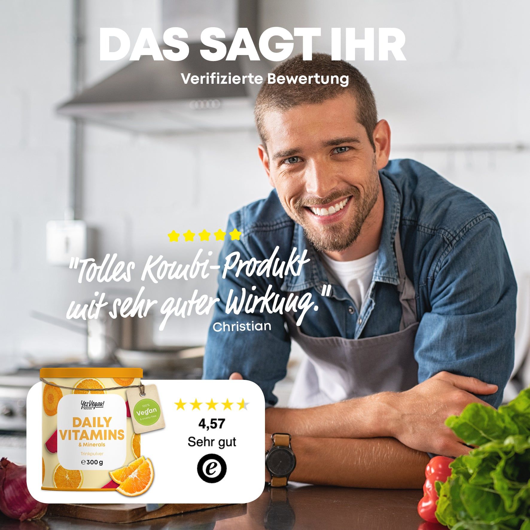 Mann lächelt, Dose "Daily Vitamins & Minerals" daneben. Bewertung: 4,57 Sterne. Text: "Tolles Produkt mit sehr guter Wirkung."