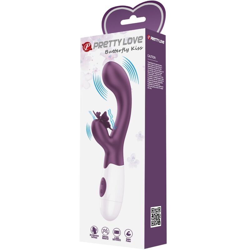 Verpackung für Vibrator. Produktname 'Pretty Love - Butterfly Kiss'. Lila und weißes Design. Herzförmiger Aufhänger.
