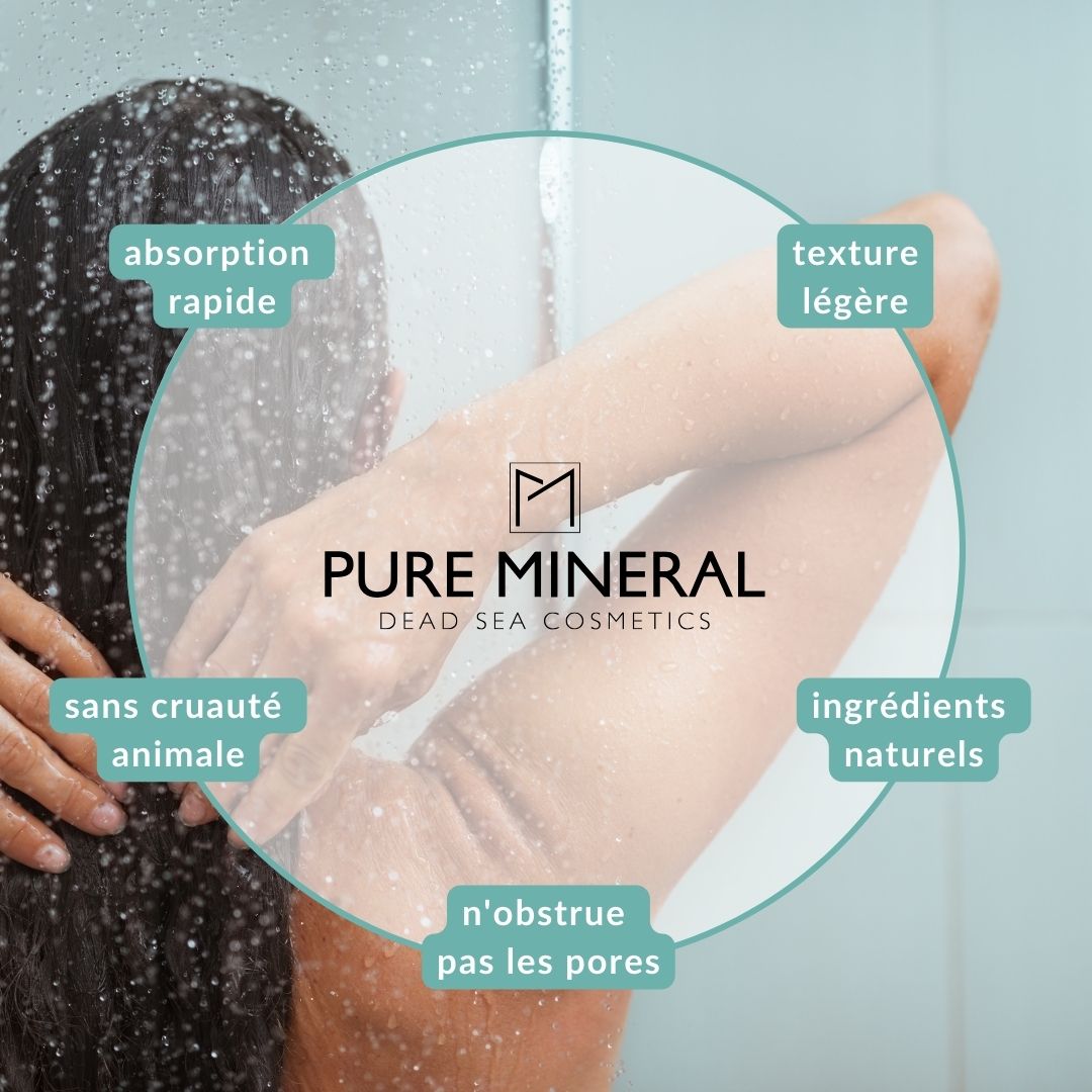 Personne sous la douche. Texte : Absorption rapide, texture légère, sans cruauté animale, ingrédients naturels, n'obstrue pas les pores.