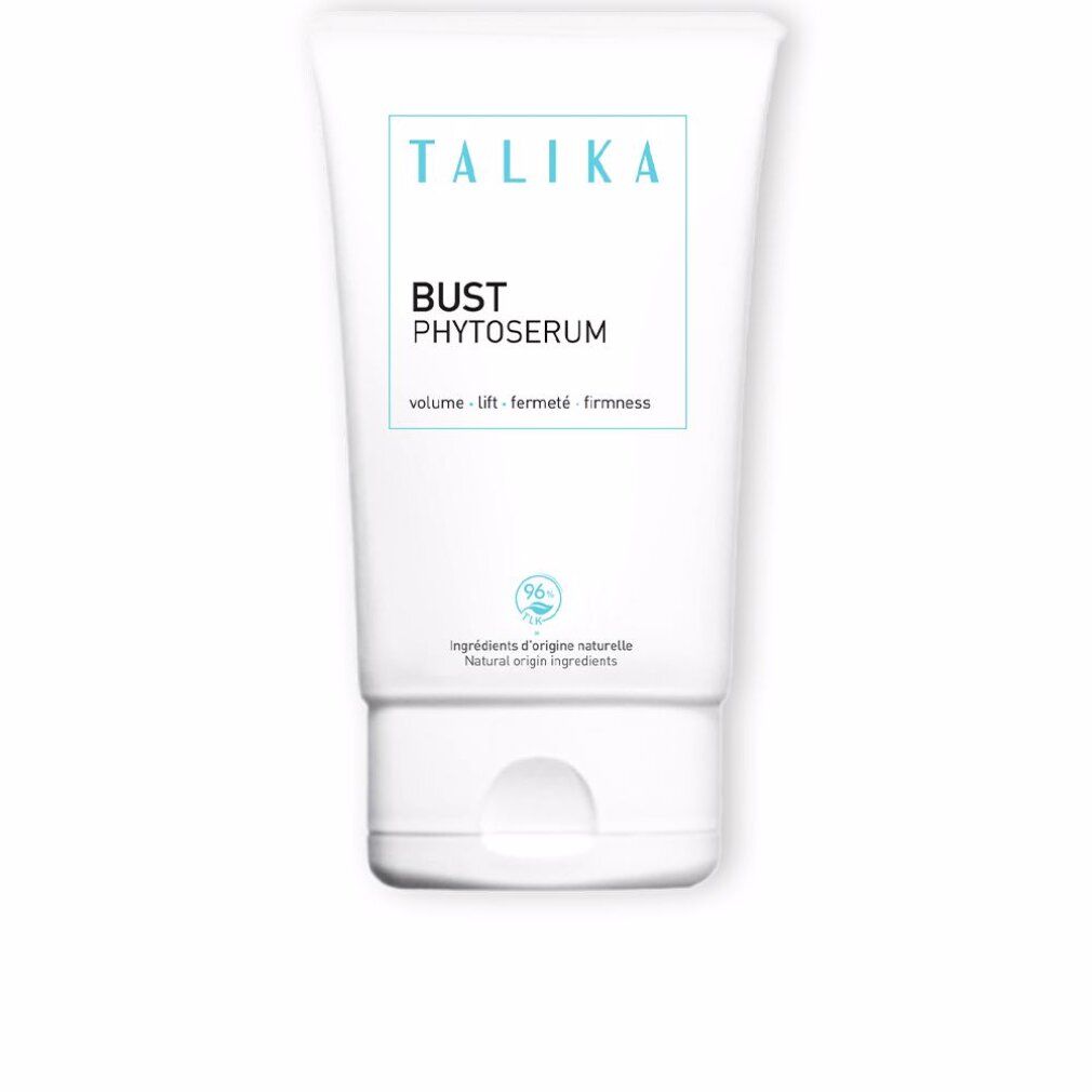 Weißer Tubenbehälter mit Aufschrift: BUST PHYTOSERUM, Volume, Lift, Fermeté. Logo: grünes Blatt. Text: Inhaltsstoffe natürlichen Ursprungs.