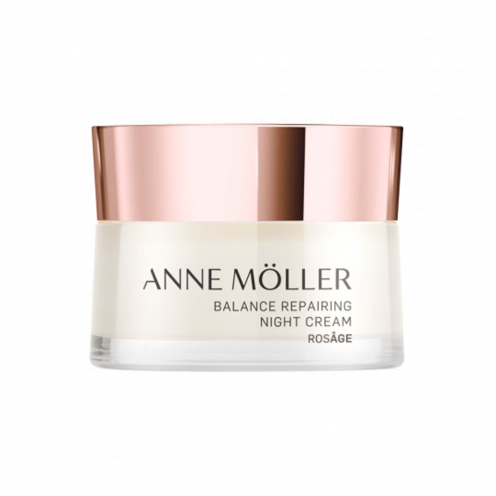 Creme-Glas mit roségoldfarbenem Deckel. Aufschrift: ANNE MÖLLER, BALANCE REPAIRING NIGHT CREAM, ROSÂGE.