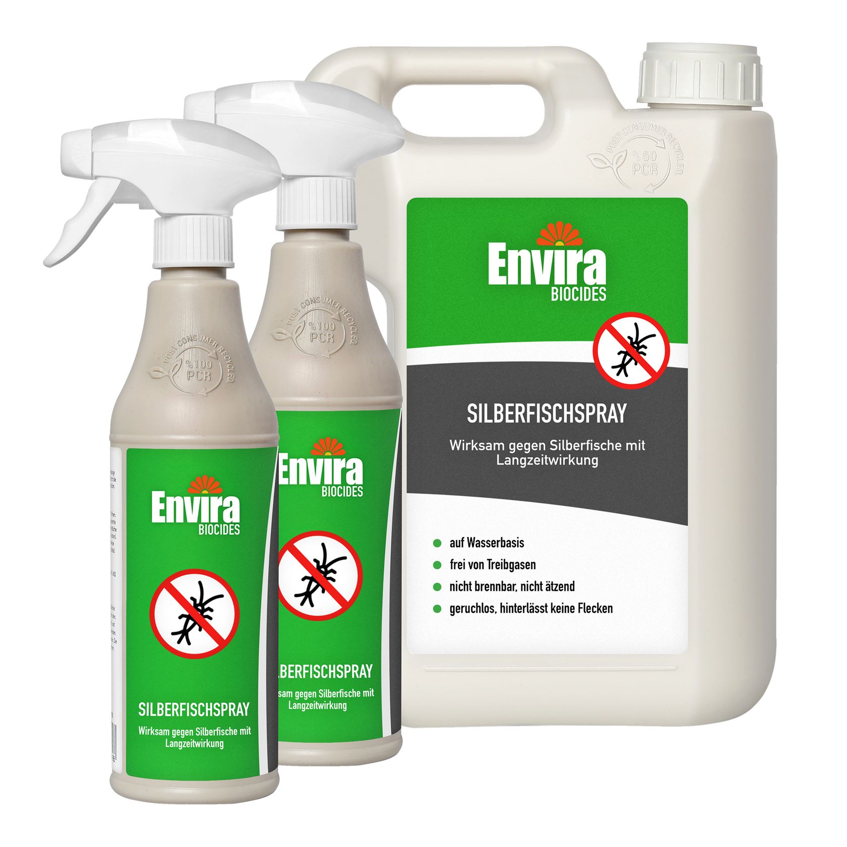 Zwei Sprühflaschen und ein Kanister. Aufschrift: Envira Silberfischspray. Enthält ein Symbol für Silberfische und weitere Informationen.