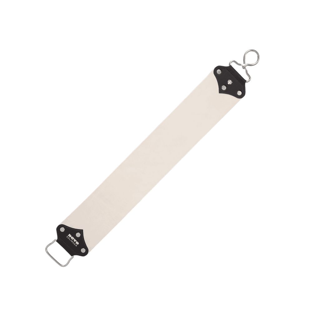 Lederriemen mit Metallringen und schwarzen Enden. DOVO-Logo sichtbar. Helles Leder, diagonale Ausrichtung.