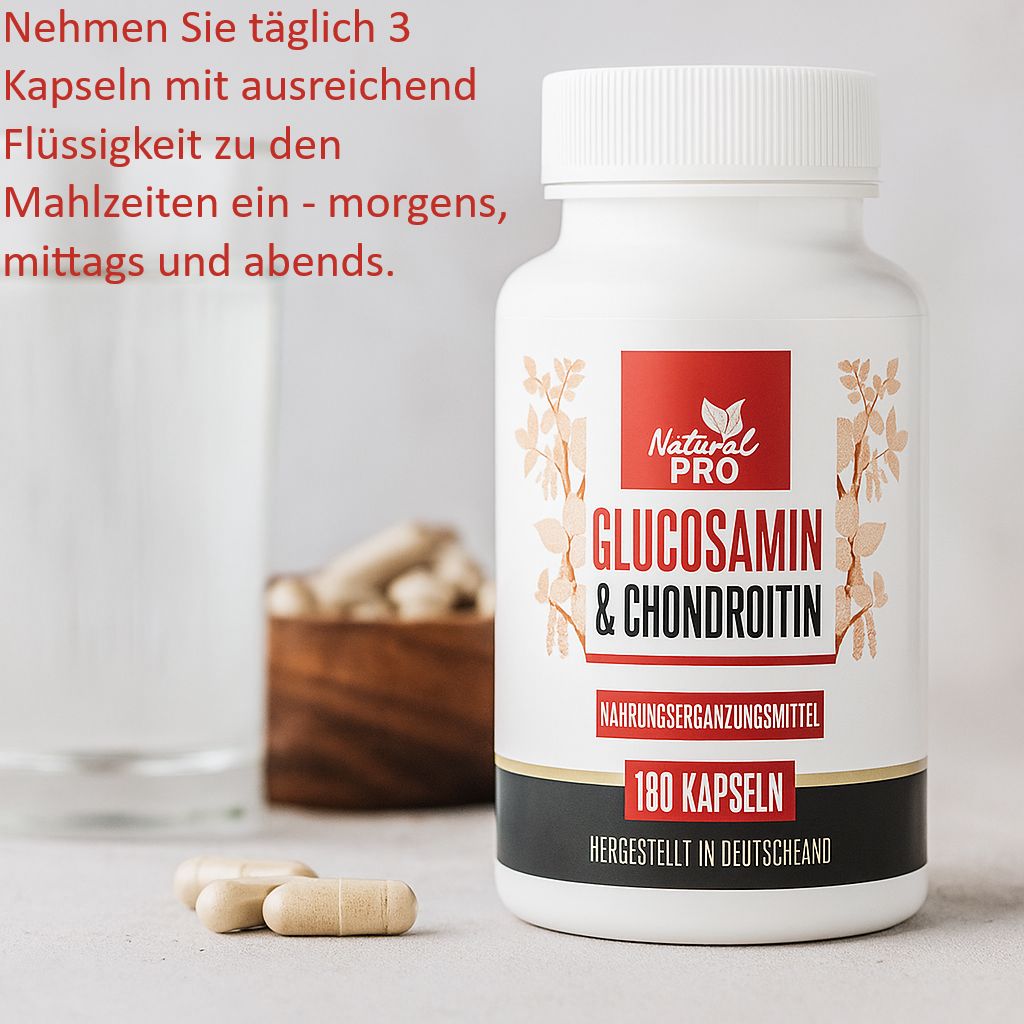 Flasche mit Kapseln, Glas Wasser, Holzschale mit Kapseln. Aufschrift: Natural Pro, Glucosamin & Chondroitin, 180 Kapseln.